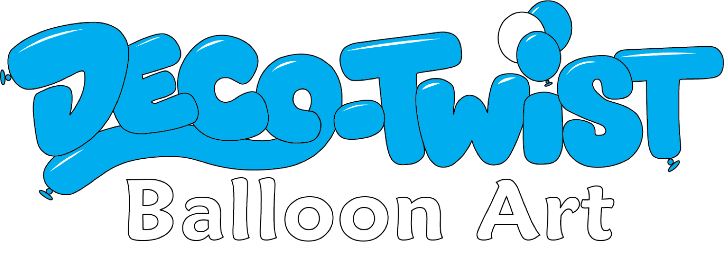 The image is the logo for "Deco-Twist Balloon Art" featuring playful, balloon-like lettering.  The word "Deco-Twist" is written in large, bold, rounded letters designed to resemble inflated balloons. The letters are shiny and blue, giving a 3D balloon effect. Three cartoon balloons (one white and two blue) are floating above the "i" in "Twist," replacing the usual dot with balloon shapes. The word "Balloon Art" is written below in a thinner, outlined font that resembles soft, hand-drawn text. This text is white with a black outline and not filled in with color.
