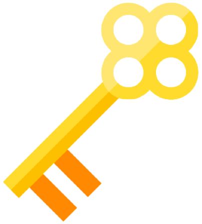 This image is a stylized illustration of a golden key. * The key is rendered in a simple, flat design with bright, cheerful colors. * The shaft of the key is a golden yellow, transitioning to a deeper orange at the bottom where the two rectangular teeth are located. * The head of the key features four round loops arranged in a clover-like shape, giving it a whimsical and decorative appearance. * The overall design resembles a vintage key, often associated with unlocking treasures or secrets.