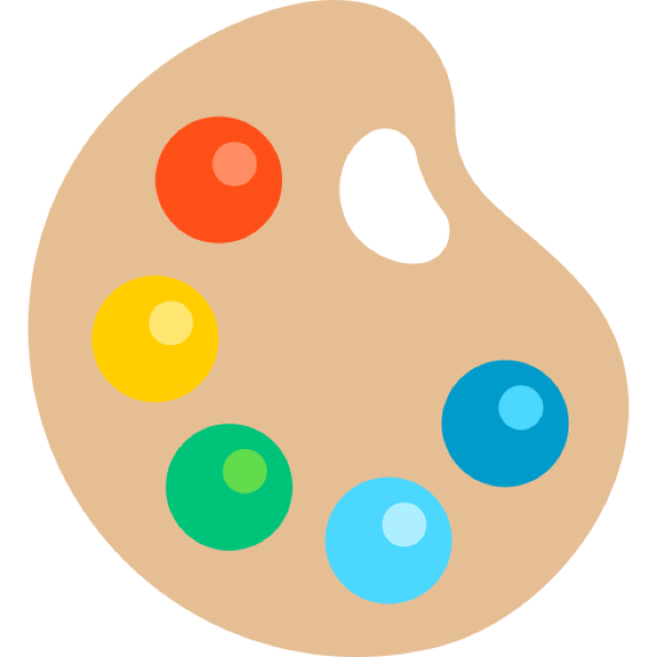 This image is a flat, colorful illustration of an artist's palette. * The palette itself is a light tan oval shape with a thumb hole near the top right, making it easy to hold. * On the palette are six round paint dabs arranged in a rough circle:     * Red at the top left     * Yellow below the red     * Green below the yellow     * Light blue near the bottom right     * Turquoise blue above the light blue     * Orange above all, to the upper left This icon is commonly used to represent art, creativity, painting, or design.