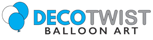 This image is a logo for "Deco-Twist Balloon Art." It features three balloons—two blue and one white—on the left side. The text "DECO" is in bold blue letters, "TWIST" in bold gray letters, and "BALLOON ART" in black capital letters below. The overall style is clean and playful, fitting for a balloon decor business.