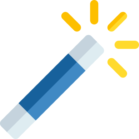 This image is a simple, colorful illustration of a magic wand. * The wand itself is a straight, cylindrical stick with alternating light blue and dark blue segments, giving it a clean and modern appearance. * One end of the wand is angled and white, resembling the classic "tipped" look often associated with magic wands. * At the top end, yellow sparkles or rays are shown radiating outward, representing magical action or the wand casting a spell. * The style is flat and iconographic, typical of digital graphics or app icons. This image conveys the concept of magic and transformation.