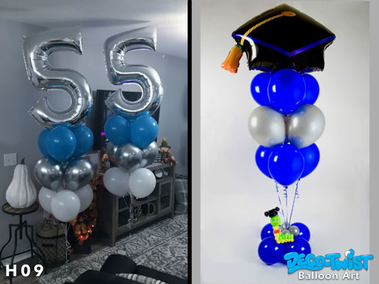 This image shows two decorative helium balloon bouquets: On the left, two balloon arrangements feature large silver foil balloons shaped like the number "55" on top. Each is supported by clusters of blue, silver, and white balloons stacked beneath. On the right, a graduation-themed bouquet features a large black foil balloon shaped like a graduation cap with a tassel on top. Below it are clusters of blue and silver balloons, with a small balloon figure of a green caterpillar wearing a graduation cap at the base. Both designs are festive and tailored for milestone celebrations like birthdays and graduations.